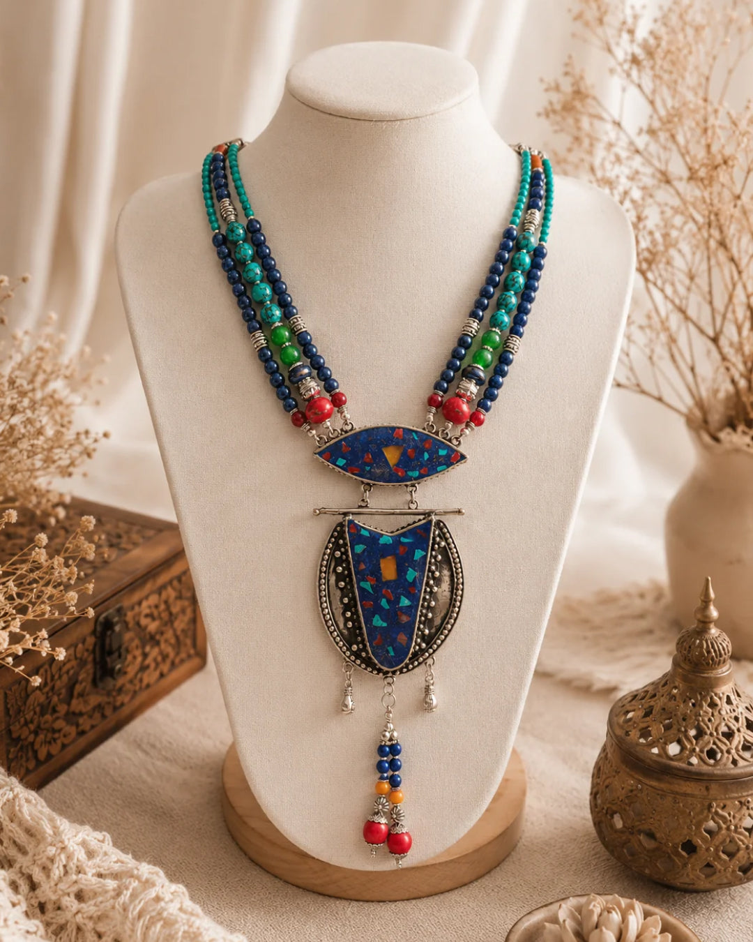 Tibetan necklace set with deep blue lapis lazuli