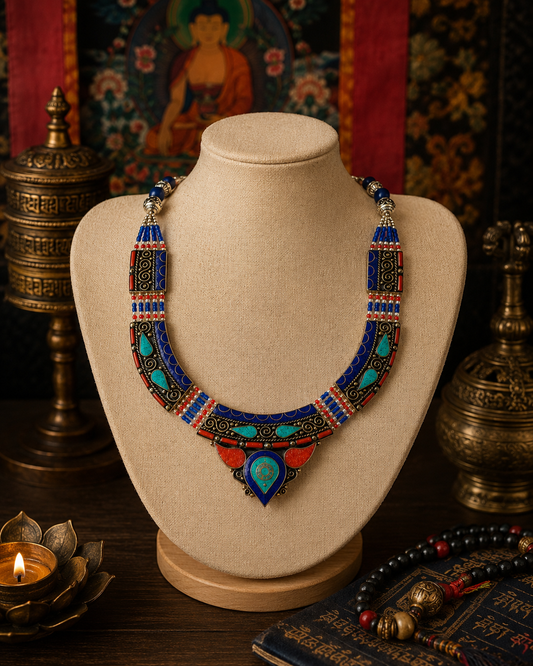 Tibetan Coral, Lapis & Turquoise Necklace — red coral, lapis lazuli and turquoise set in worked metal