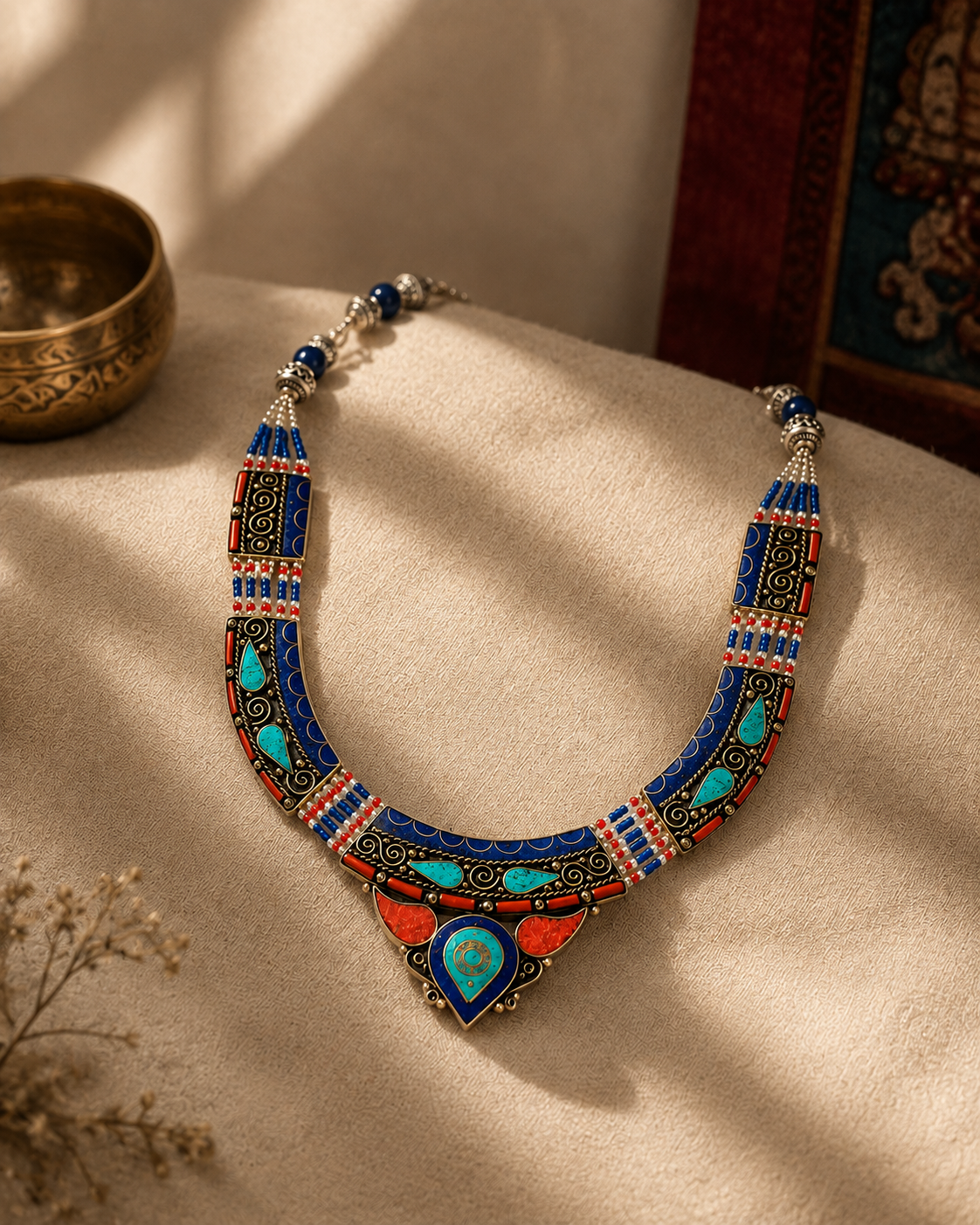 Tibetan Coral, Lapis & Turquoise Necklace — alternative view