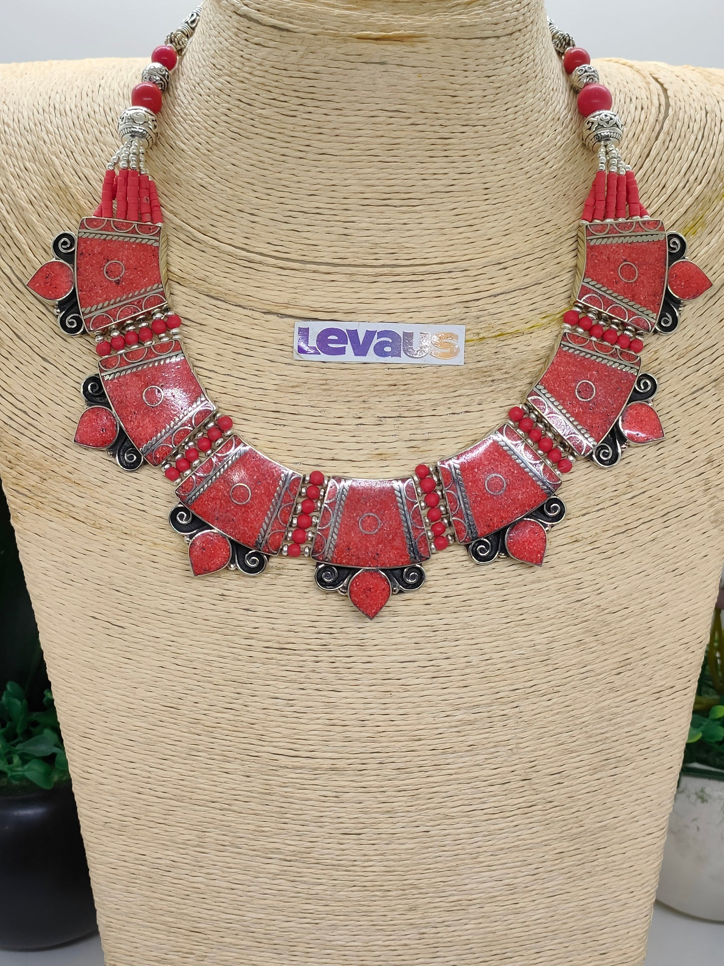 Tibetan metal and coral stone necklace