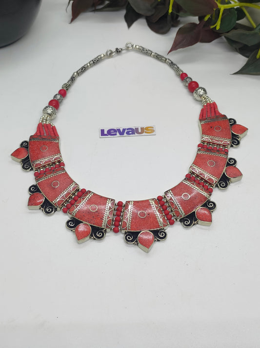 Tibetan metal and coral stone necklace