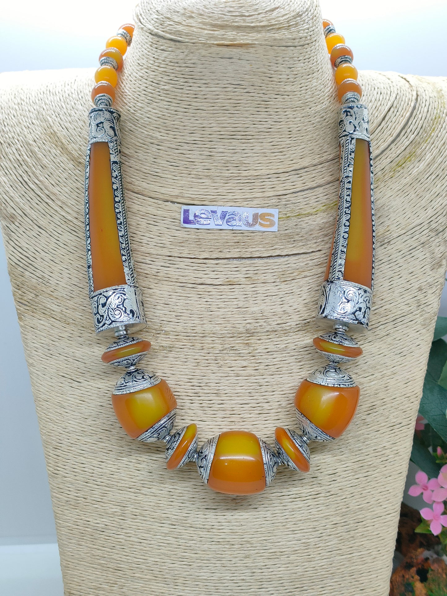 Amber stone hand curving necklace