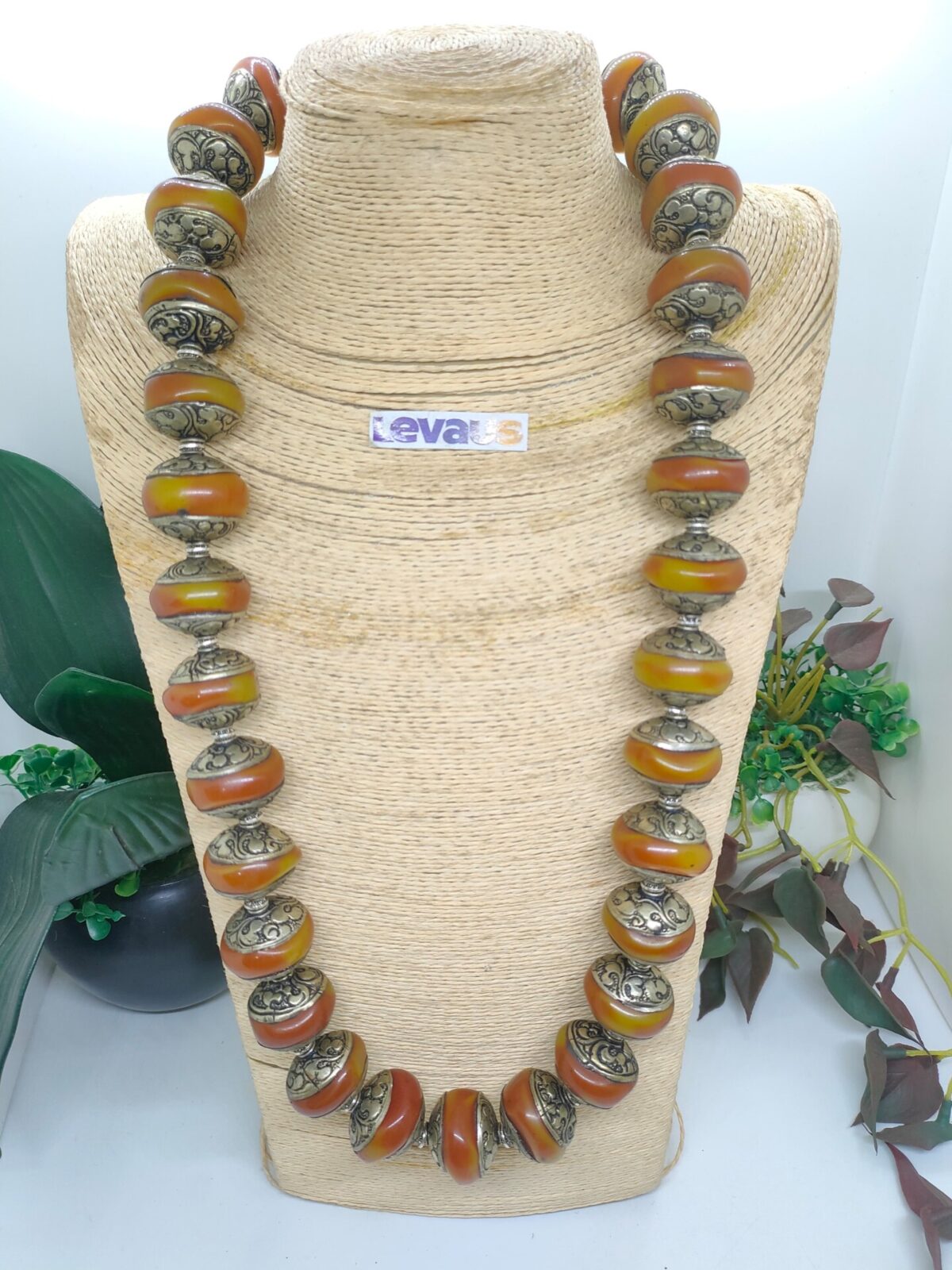 Amber and Metal Curving Necklace