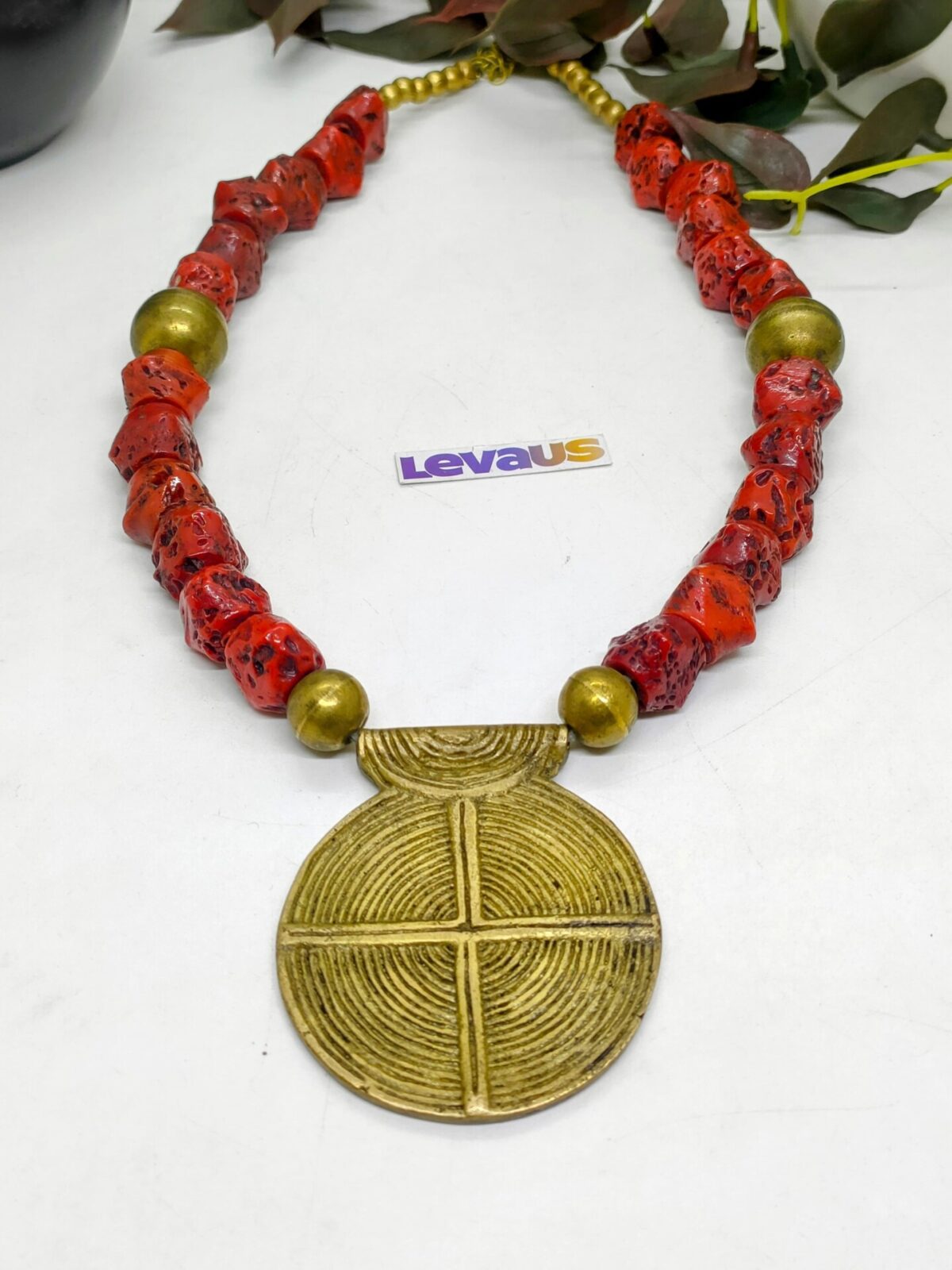 Coral Stone with Metal Pendent Necklace