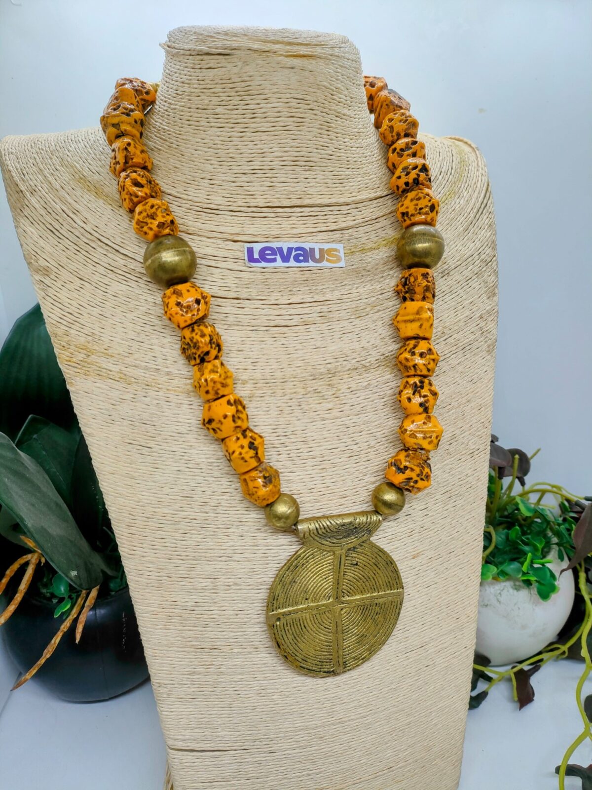 Orange Coral Stone with Metal Pendent Necklace