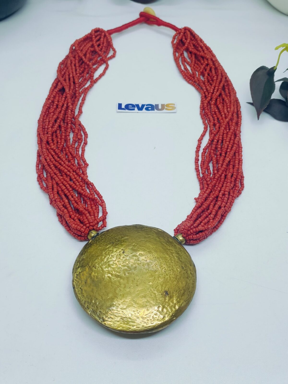 Red Beads with Brass Pendant Necklace - Image 2