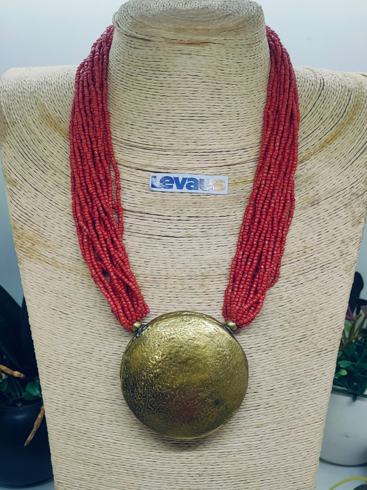 Red Beads with Brass Pendant Necklace